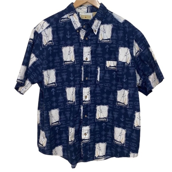 Men’s Royal Palm blue nautical sail boat print short sleeve button down shirt XL - Picture 1 of 4
